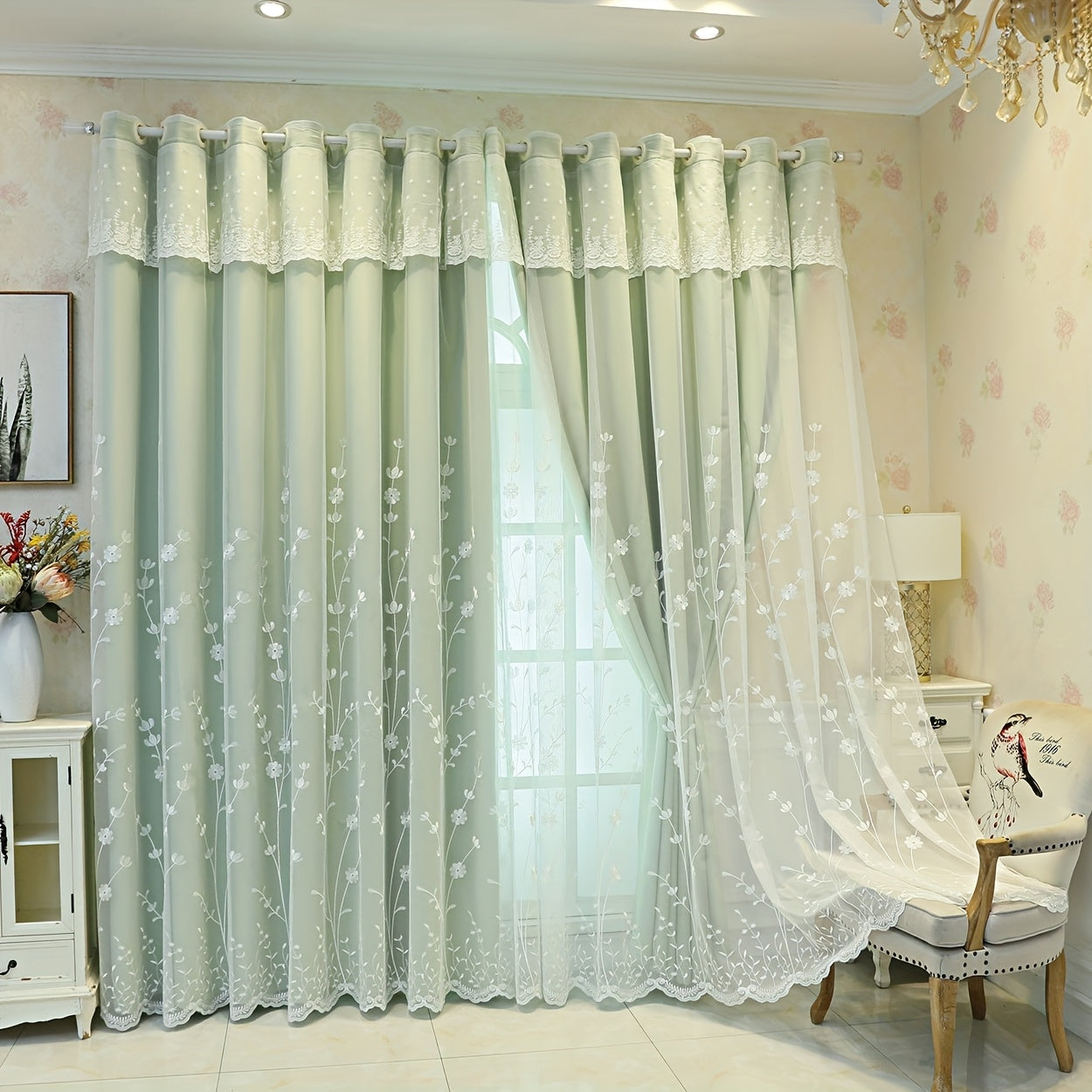 1Panel Nordic Minimalist Embroidered Floral Fabric Sheer Curtain, Top Loop Hanging, Resistant, Room Darkening, Suitable for Living Room, Bedroom, Balcony, Kitchen, Curtain Decoration