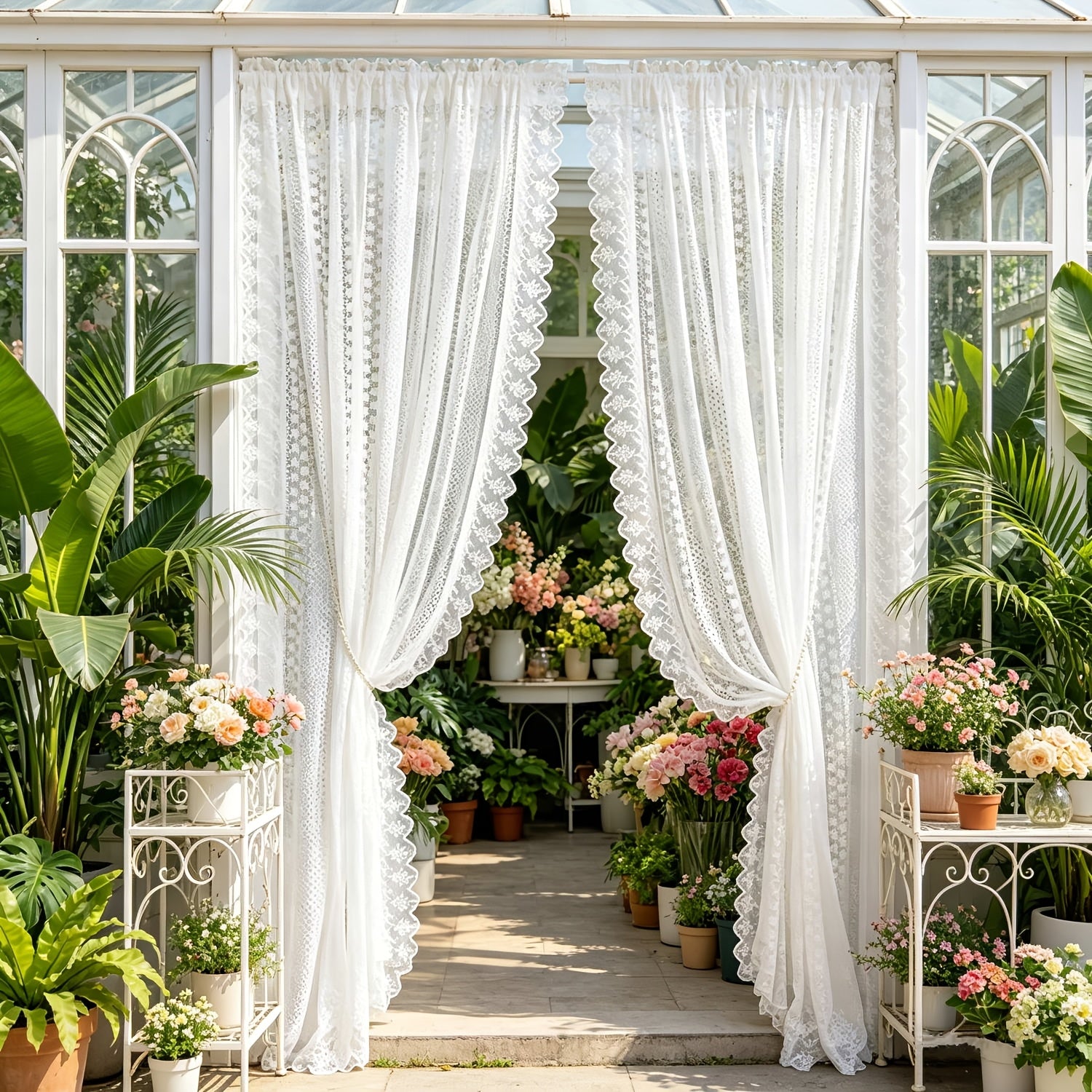 2 Panels Romantic Classical Lace Outdoor Sheer Curtain Light Filtering Window Drapes Rod Pocket for Wedding Bedroom Living Room Or Patio Decor