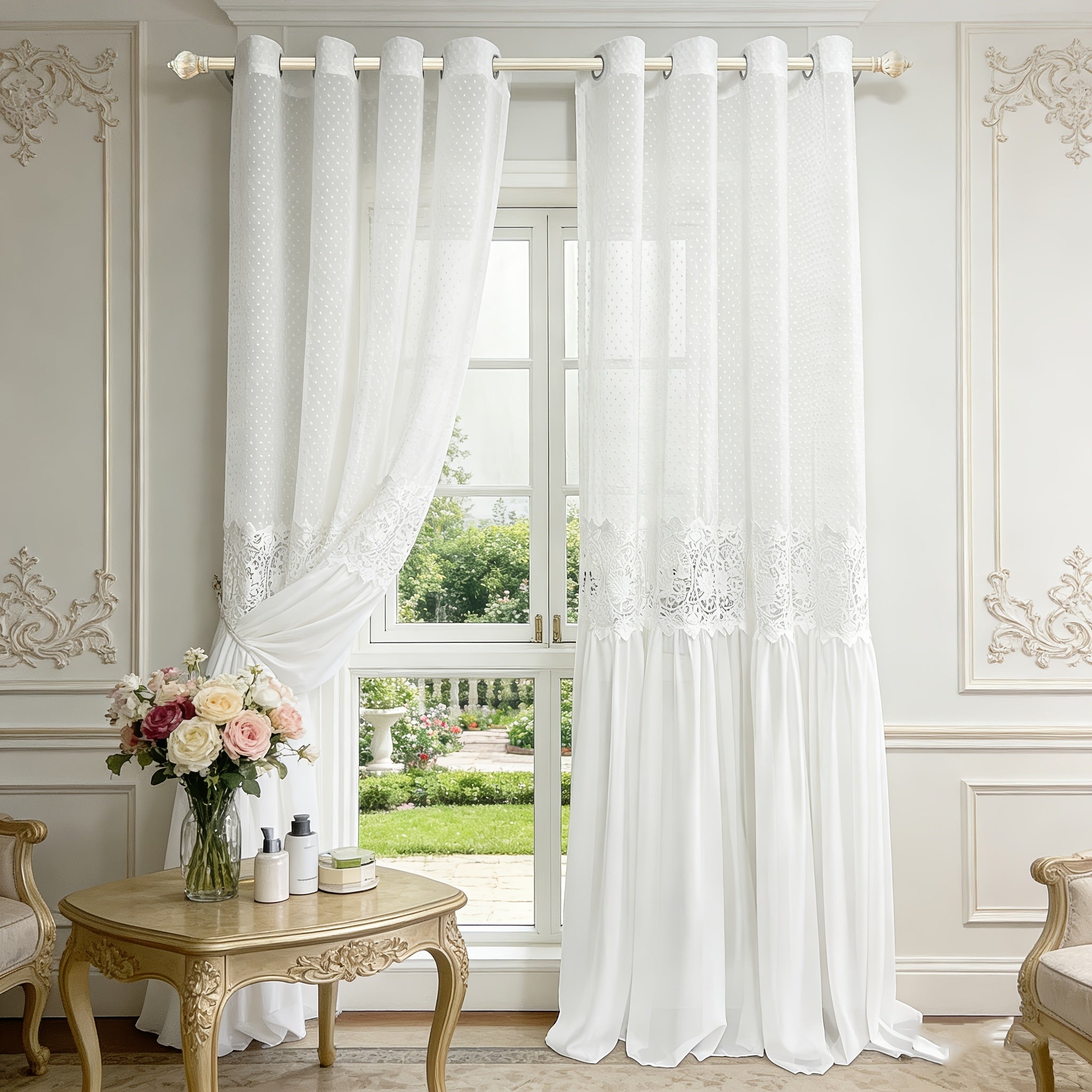 Set of 2 French Romantic Lace Tulle Sheer Curtains Featuring a Vintage Hollow Flower Stitching Design, Perfect for Light Filtering in a Luxurious Bedroom Decor. This Extra Long Curtain Set Measures 118.11inch in Height And Includes 2 Panels with Grommet
