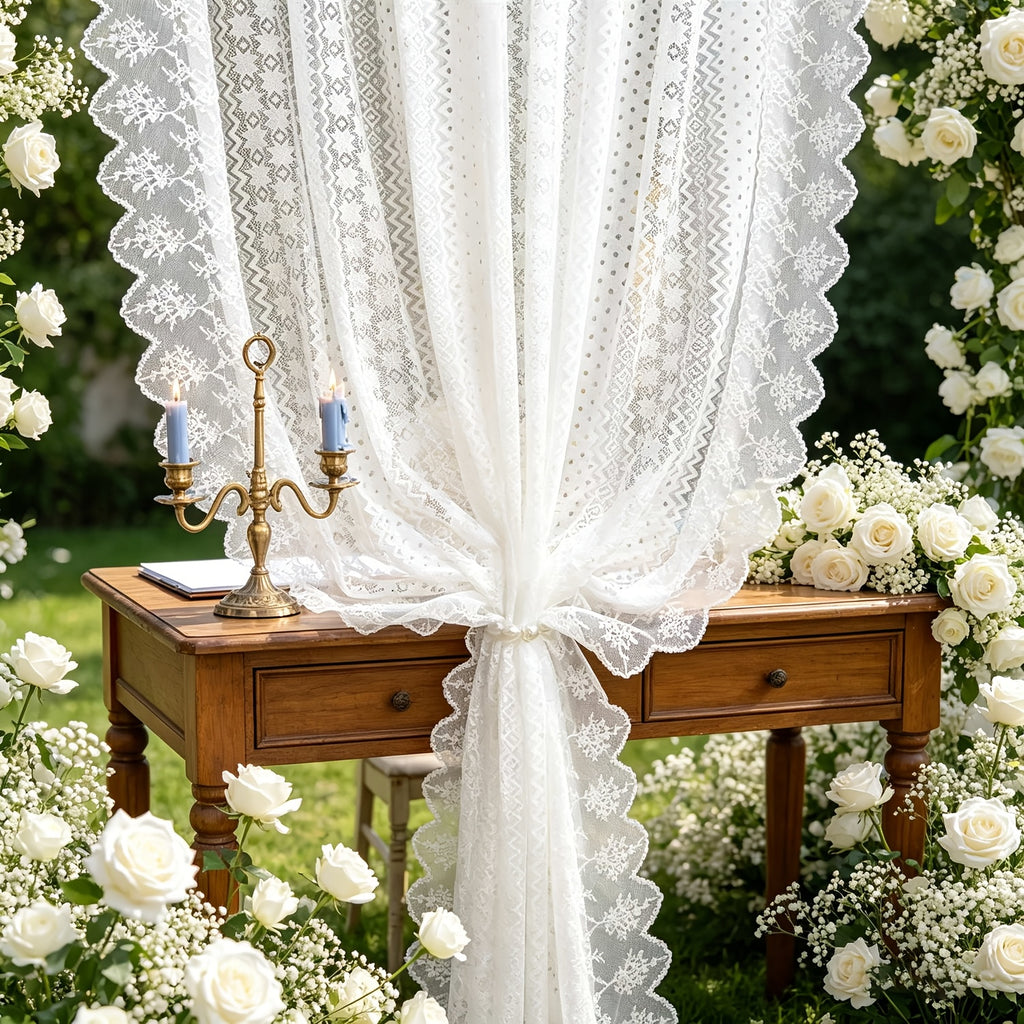 2 Panels Romantic Classical Lace Outdoor Sheer Curtain Light Filtering Window Drapes Rod Pocket for Wedding Bedroom Living Room Or Patio Decor