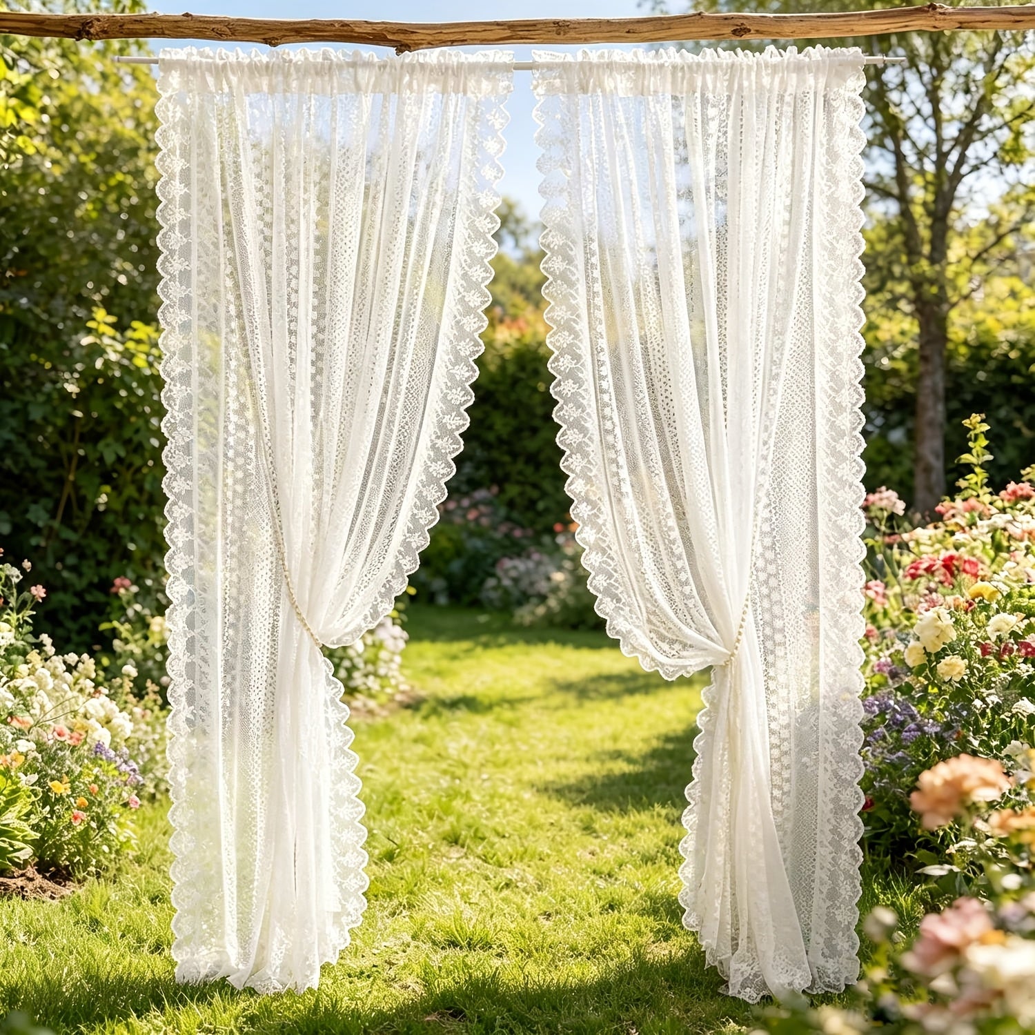 2 Panels Romantic Classical Lace Outdoor Sheer Curtain Light Filtering Window Drapes Rod Pocket for Wedding Bedroom Living Room Or Patio Decor